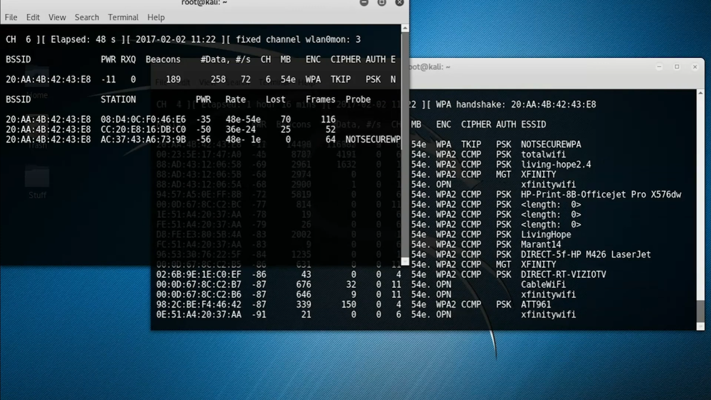 Terminal output showing a WPA handshake indicator for an authorized wireless lab.