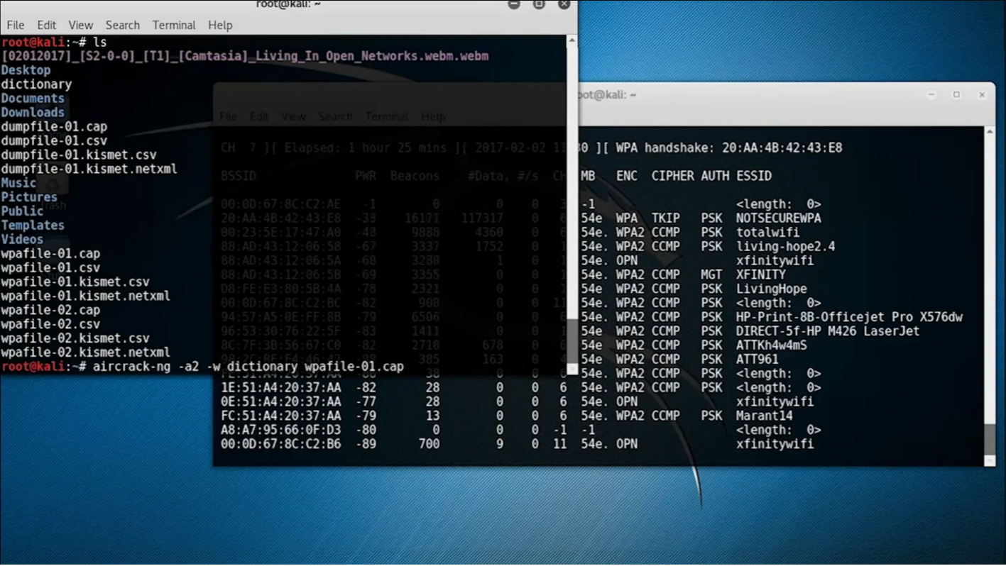 Aircrack-ng testing candidate passwords from a demonstration wordlist against a saved WPA capture.