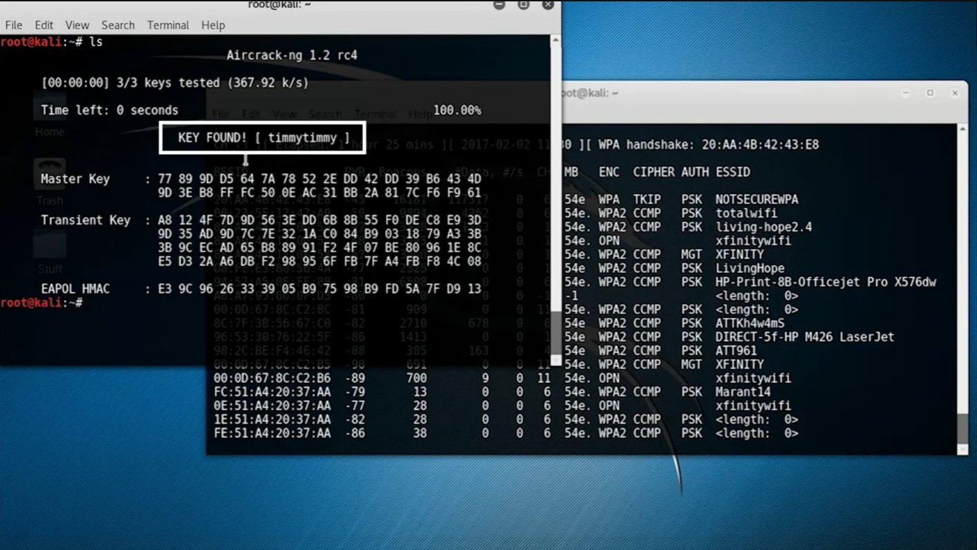 Aircrack-ng showing the intentionally weak lab password found from the supplied wordlist.