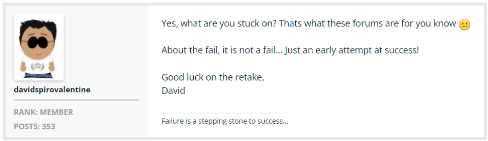 Screenshot of a peer supporting another peer on a community posting. "What are you stuck on? That is what these forums are for!"