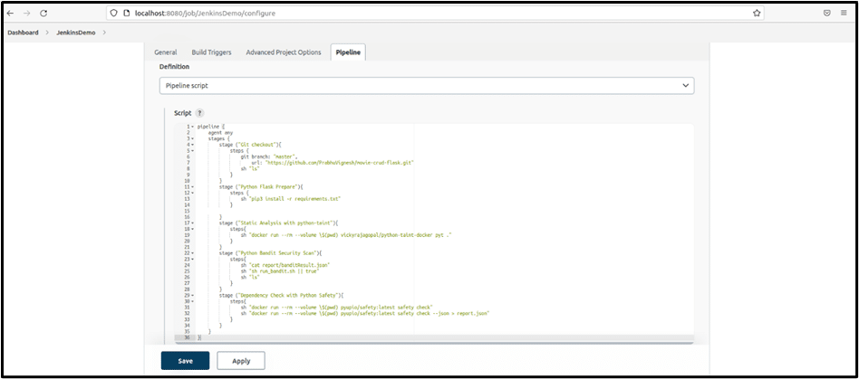 The second of three images displaying a CI-CD pipeline script in Jenkins